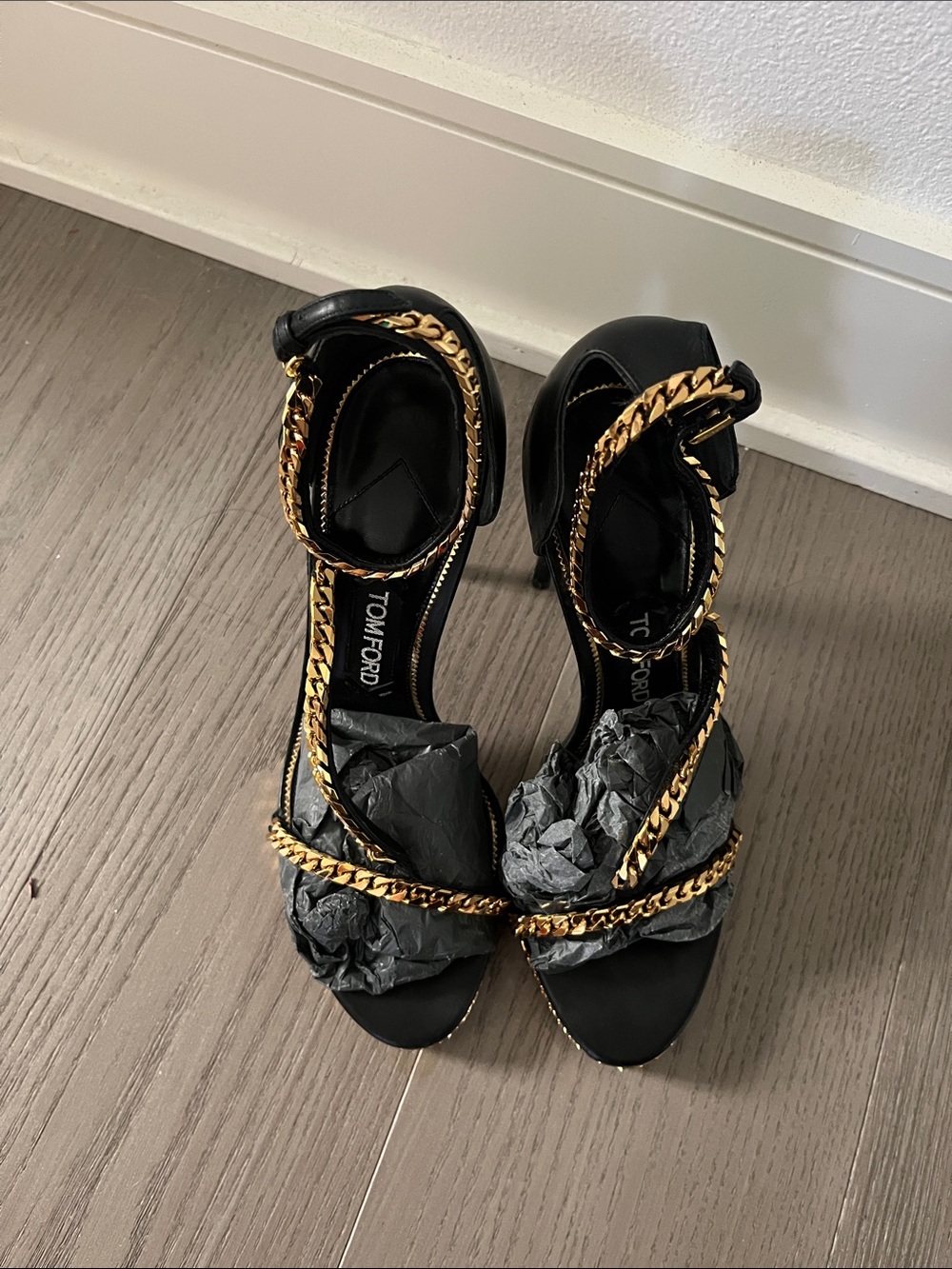 Tom Ford Sexy Black Leather Stiletto High Heels with Gold Chain Detail 40